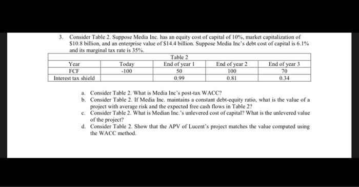  3. Consider Table 2 , Suppose Media Inc. has an equity
