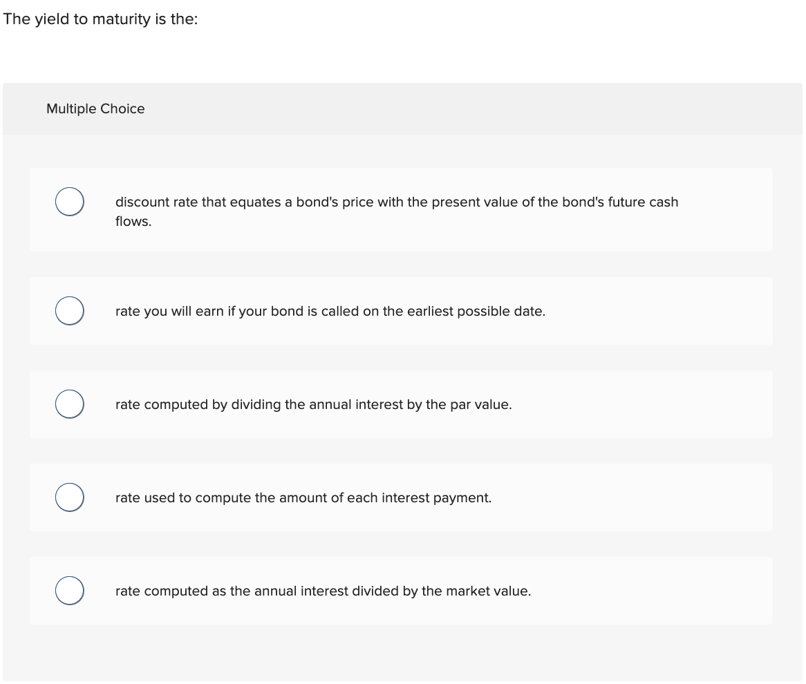 The yield to maturity is the: Multiple Choice discount rate that