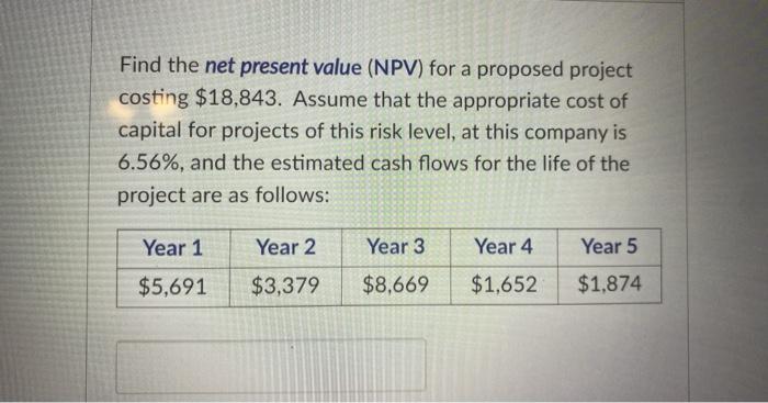  Find the net present value (NPV) for a proposed project costing