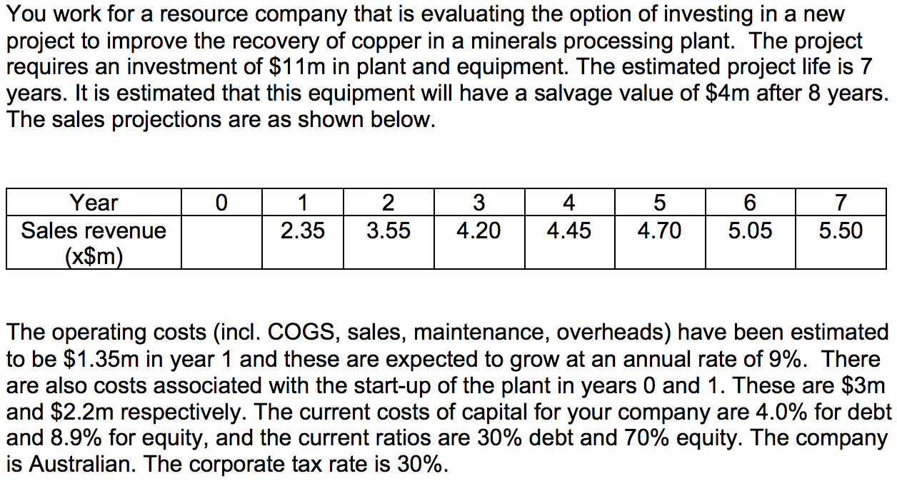 You work for a resource company that is evaluating the option