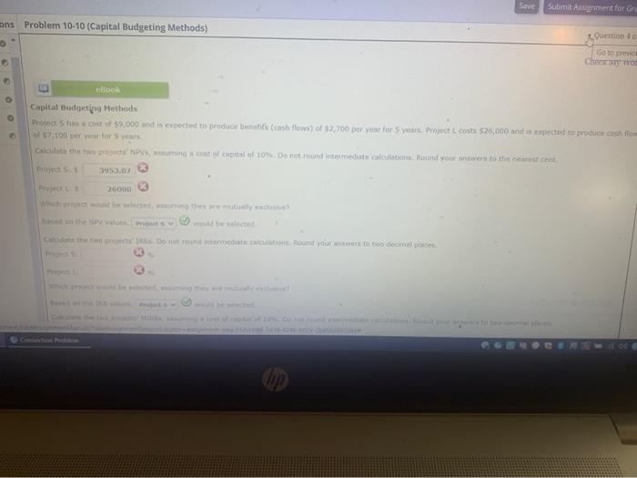  Save Submit Assignment for Gr ons Problem 10-10 (Capital Budgeting Methods)