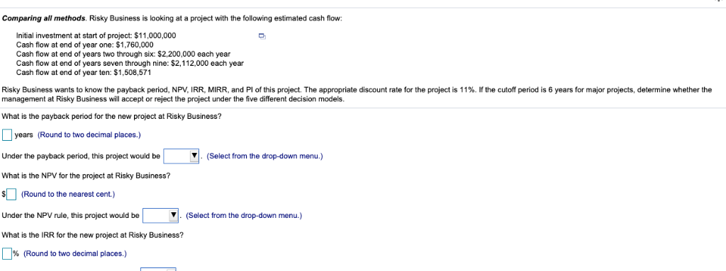Comparing all methods. Risky Business is looking at a project with