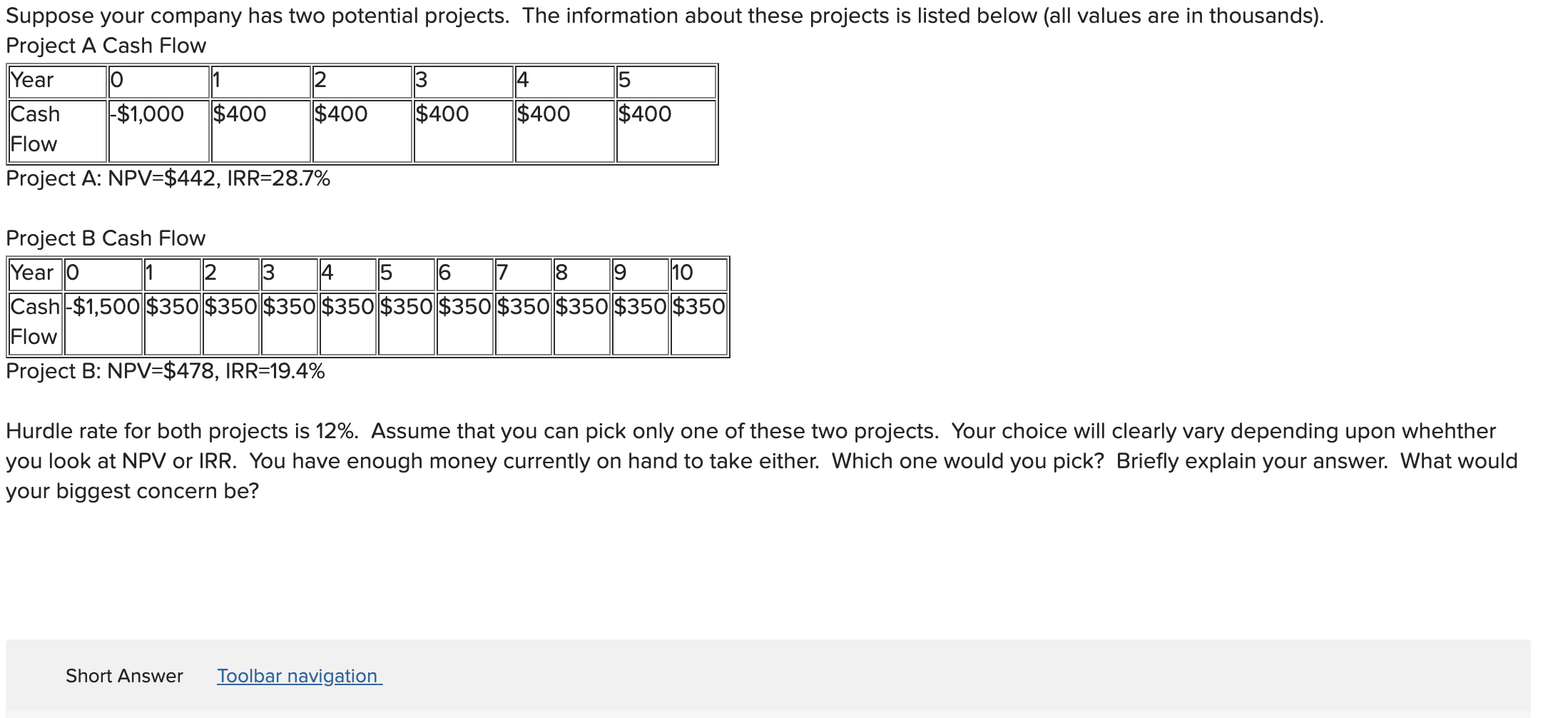  Suppose your company has two potential projects. The information about these