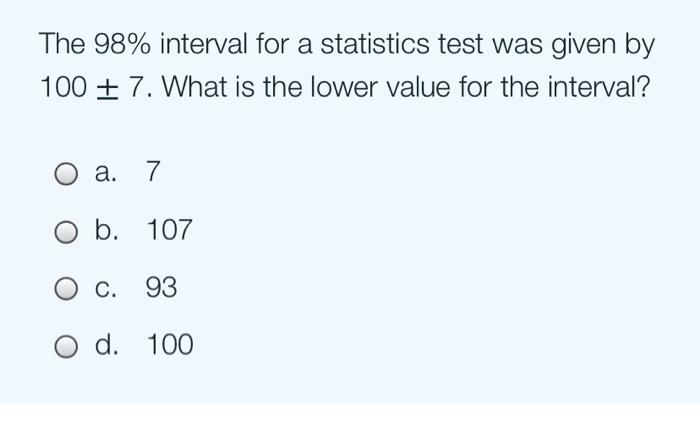 The 98% interval for a statistics test was given by 100