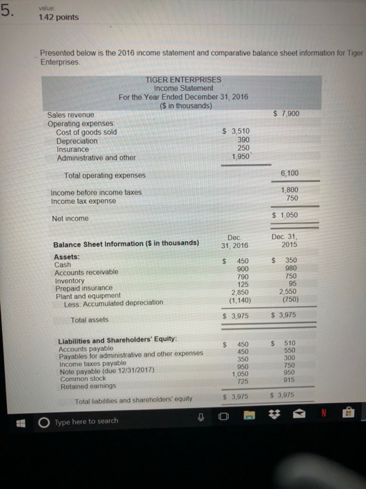  1.42 points Presented below is the 2016 income statement and comparative