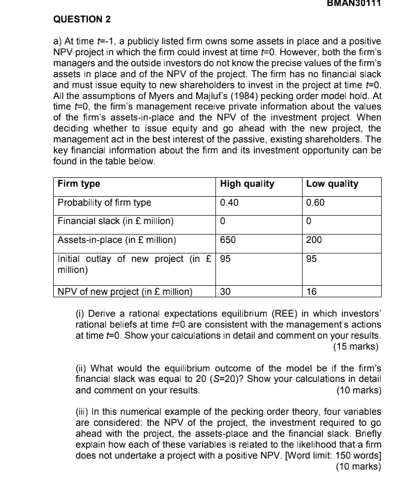  question b how to answer BMAN30111 QUESTION 2 a) At time