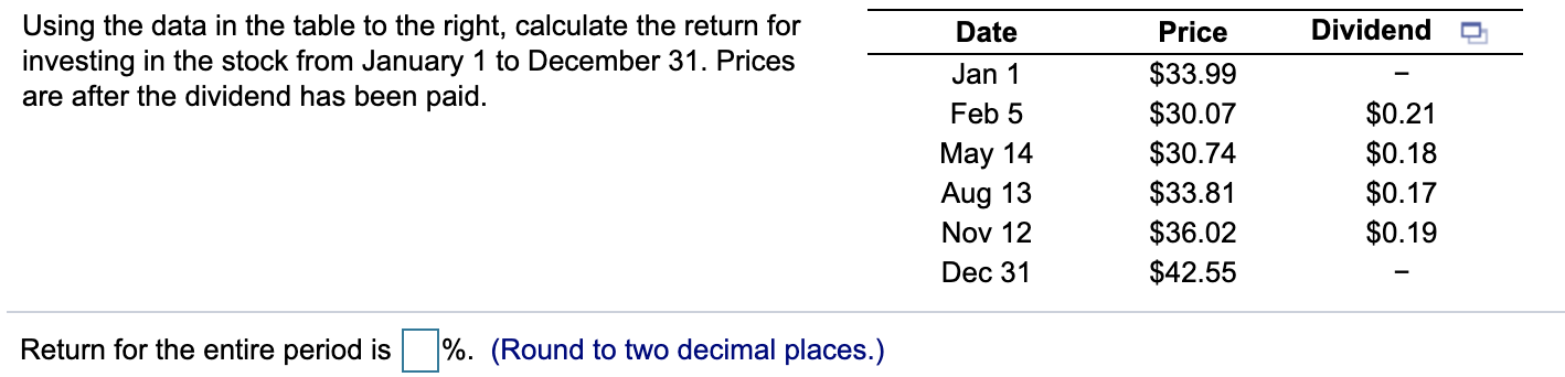  Dividende Using the data in the table to the right, calculate