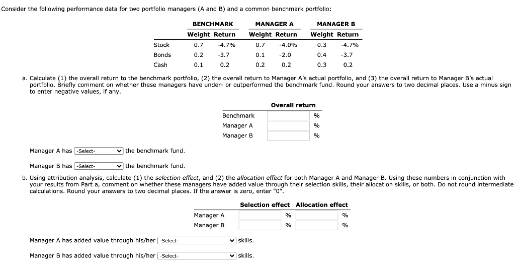  Consider the following performance data for two portfolio managers (A and