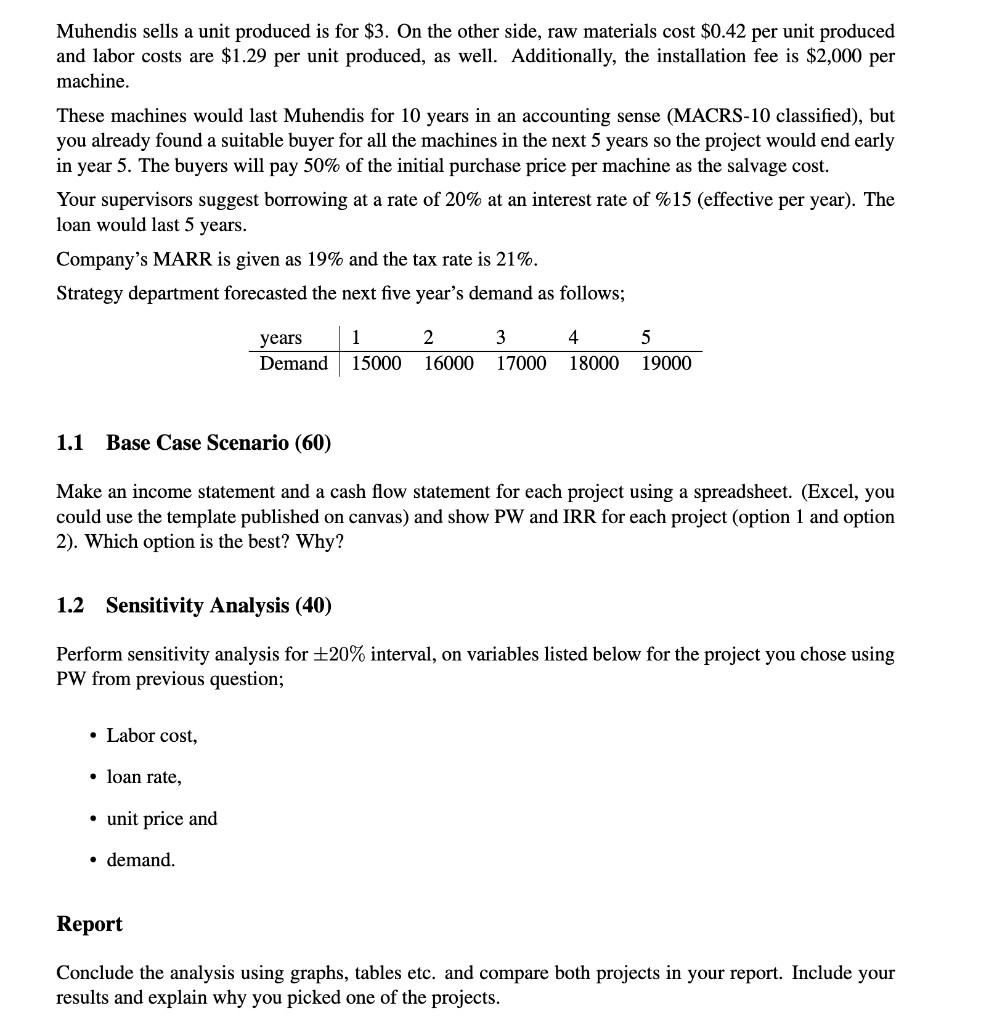 "Muhendis, Inc.". Your boss, Kartal, asks you to evaluate a project which