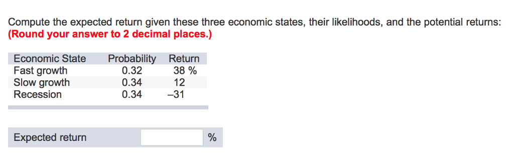  Compute the expected return given these three economic states, their likelihoods,