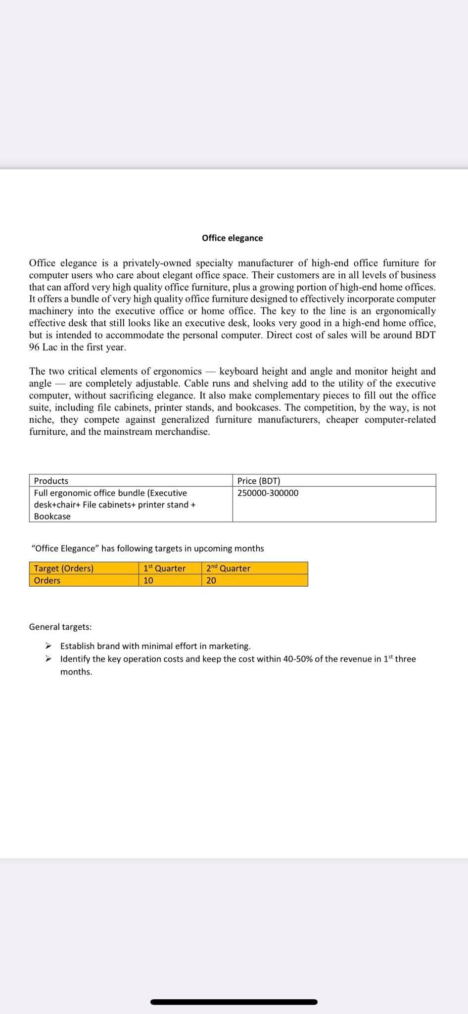 Make a pro forma Income statement for next two quarters (Quarter 1