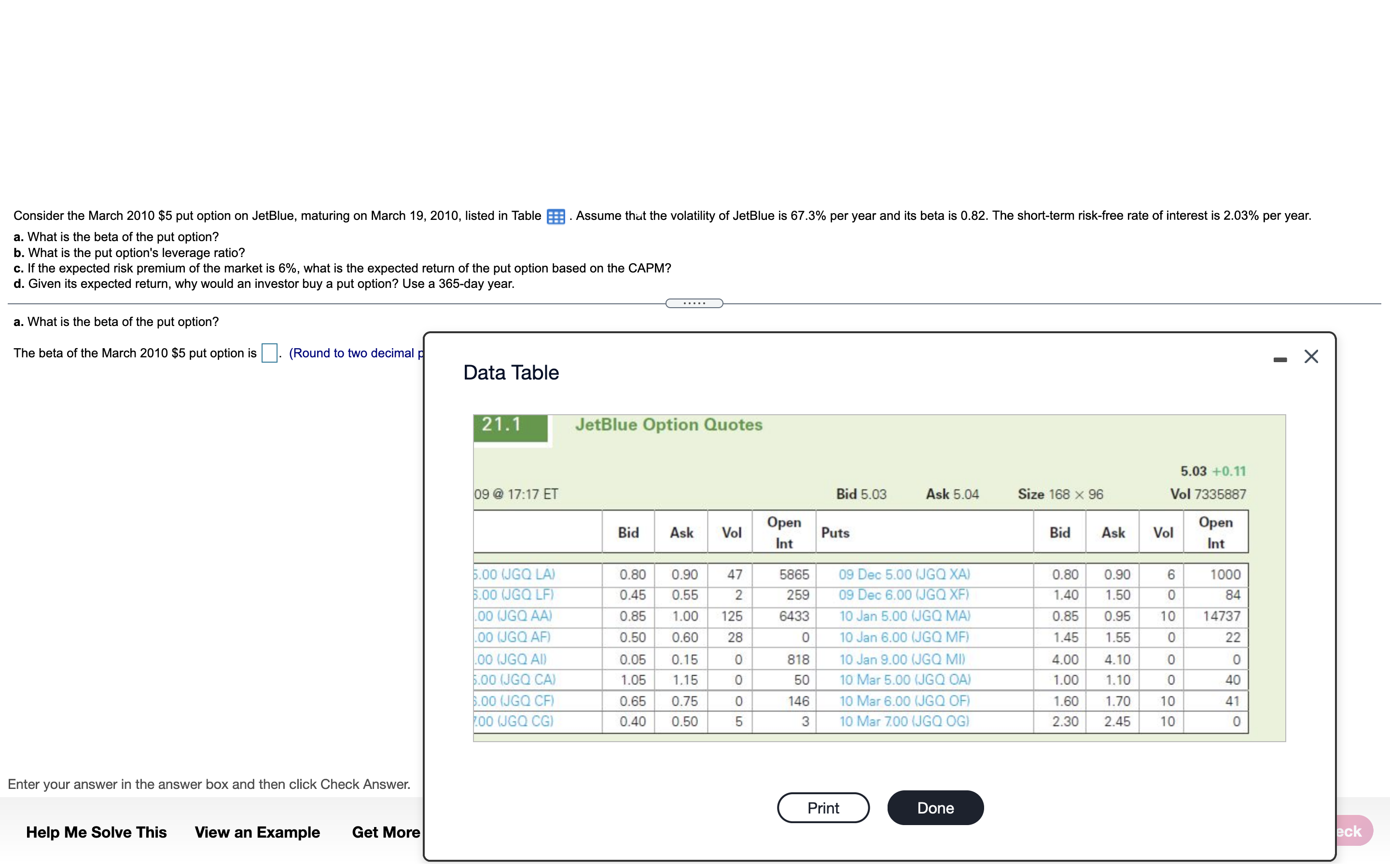  Consider the March 2010 $5 put option on JetBlue, maturing on