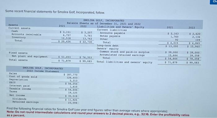  please help! due soon Some recent financial statements for Smolira Golf,