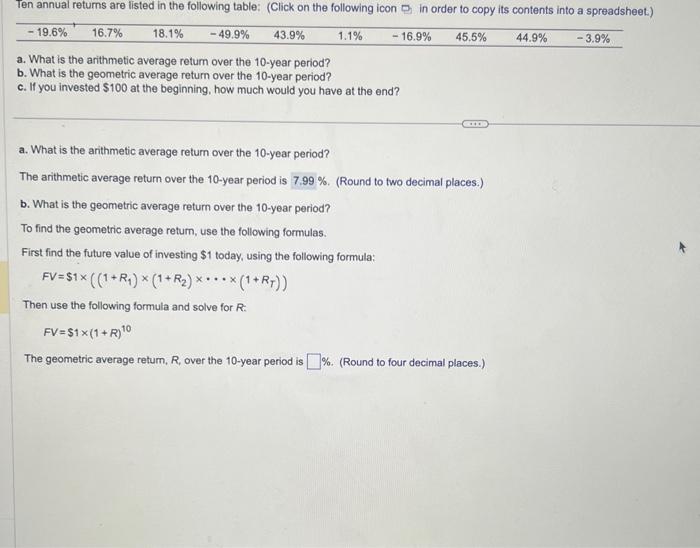 5 a. What is the arithmetic average retum over the 10-year period?
