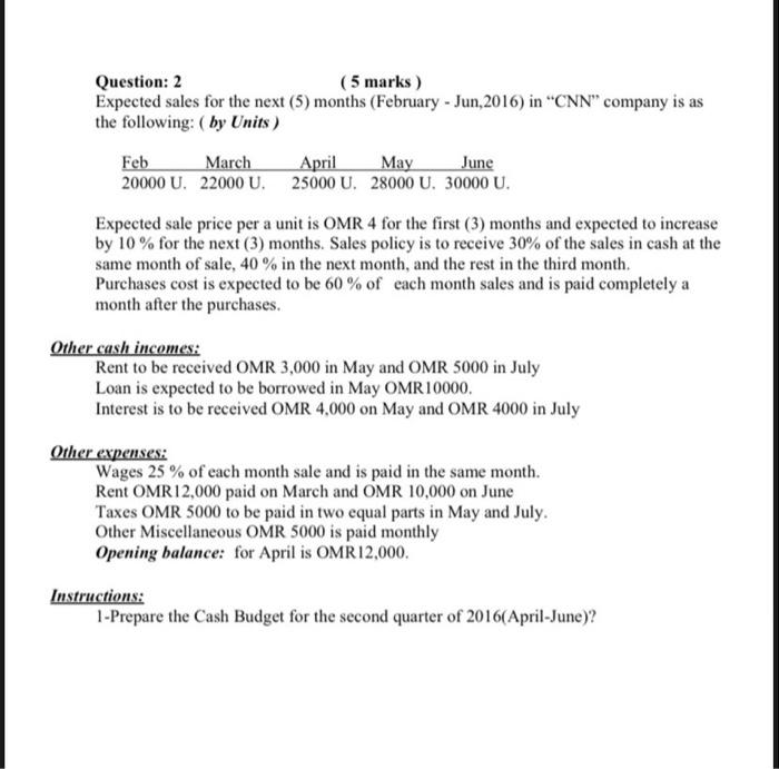  Question: 2 (5 marks) Expected sales for the next (5) months