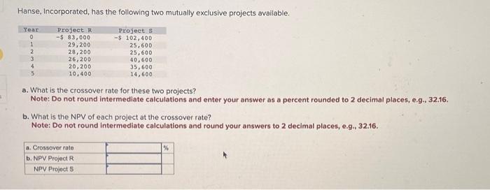  5 Hanse, Incorporated, has the following two mutually exclusive projects available.