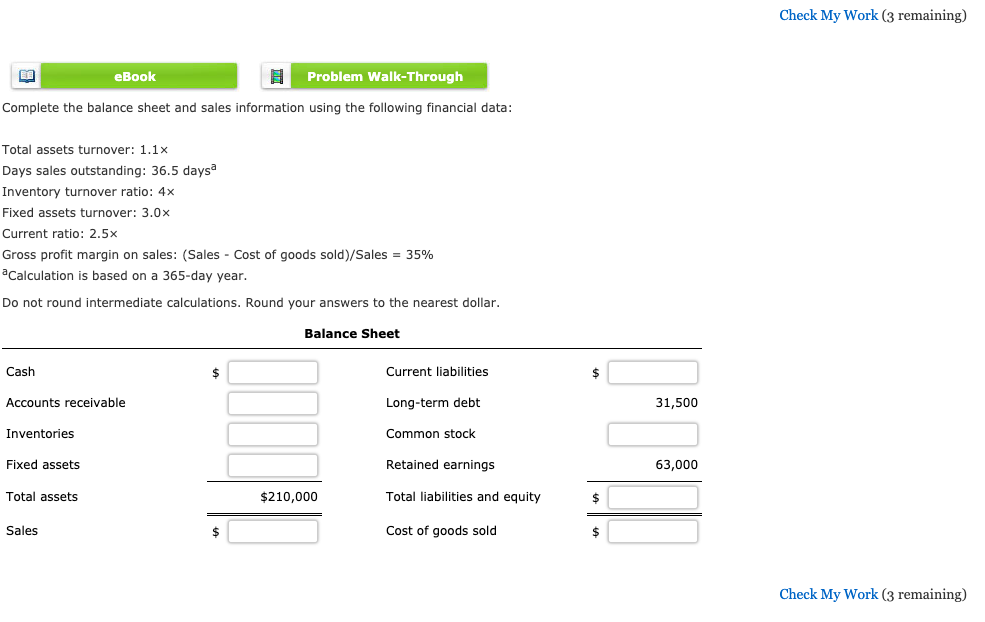 Check My Work (3 remaining) eBook Problem Walk-Through Complete the balance
