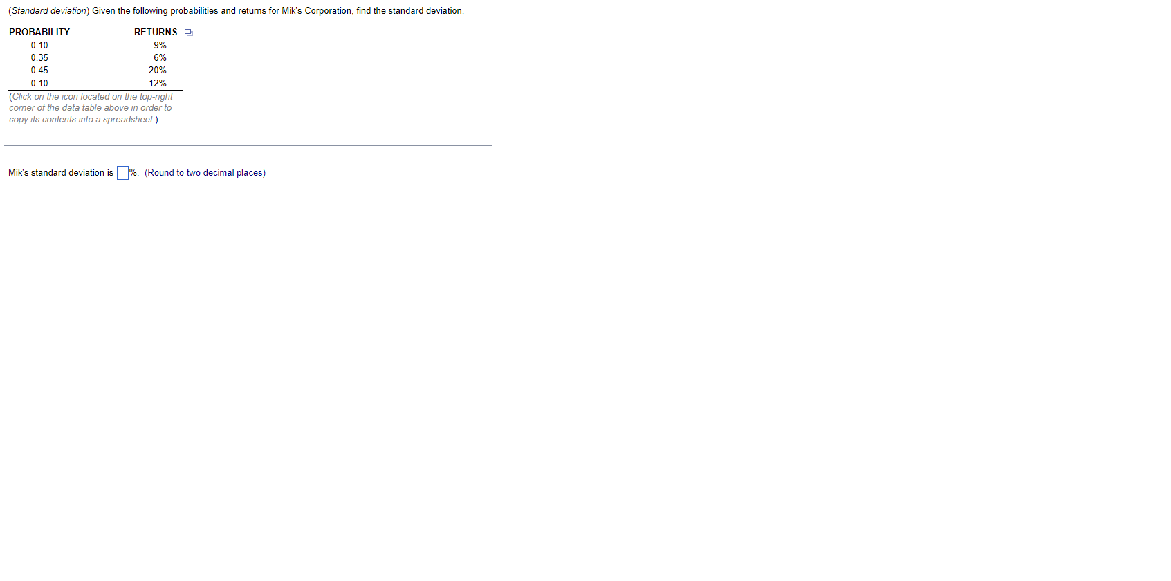  7 (Standard deviation) Given the following probabilities and returns for Mik's