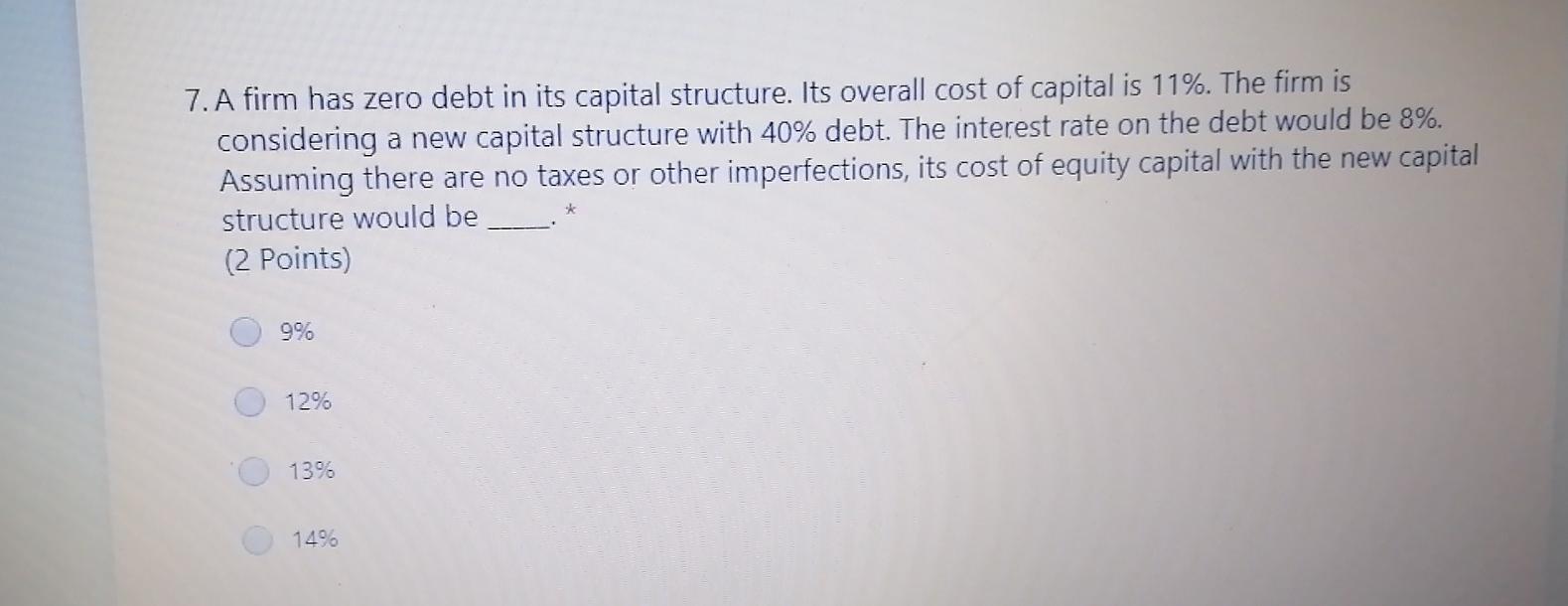  7. A firm has zero debt in its capital structure. Its