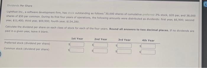  Pividends: Per Share Uightfoot inc, a software development fiem, has stock