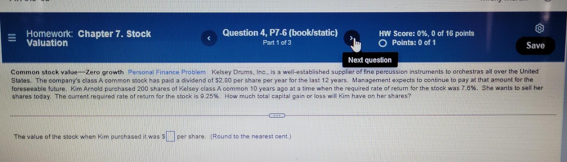  Homework: Chapter 7. Stock Valuation Question 4, P7-6 (book/static) Part 1