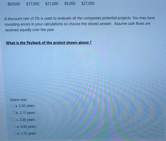 the following estimated cash flows: 0 1 2 3 4 -$60500 $17,000