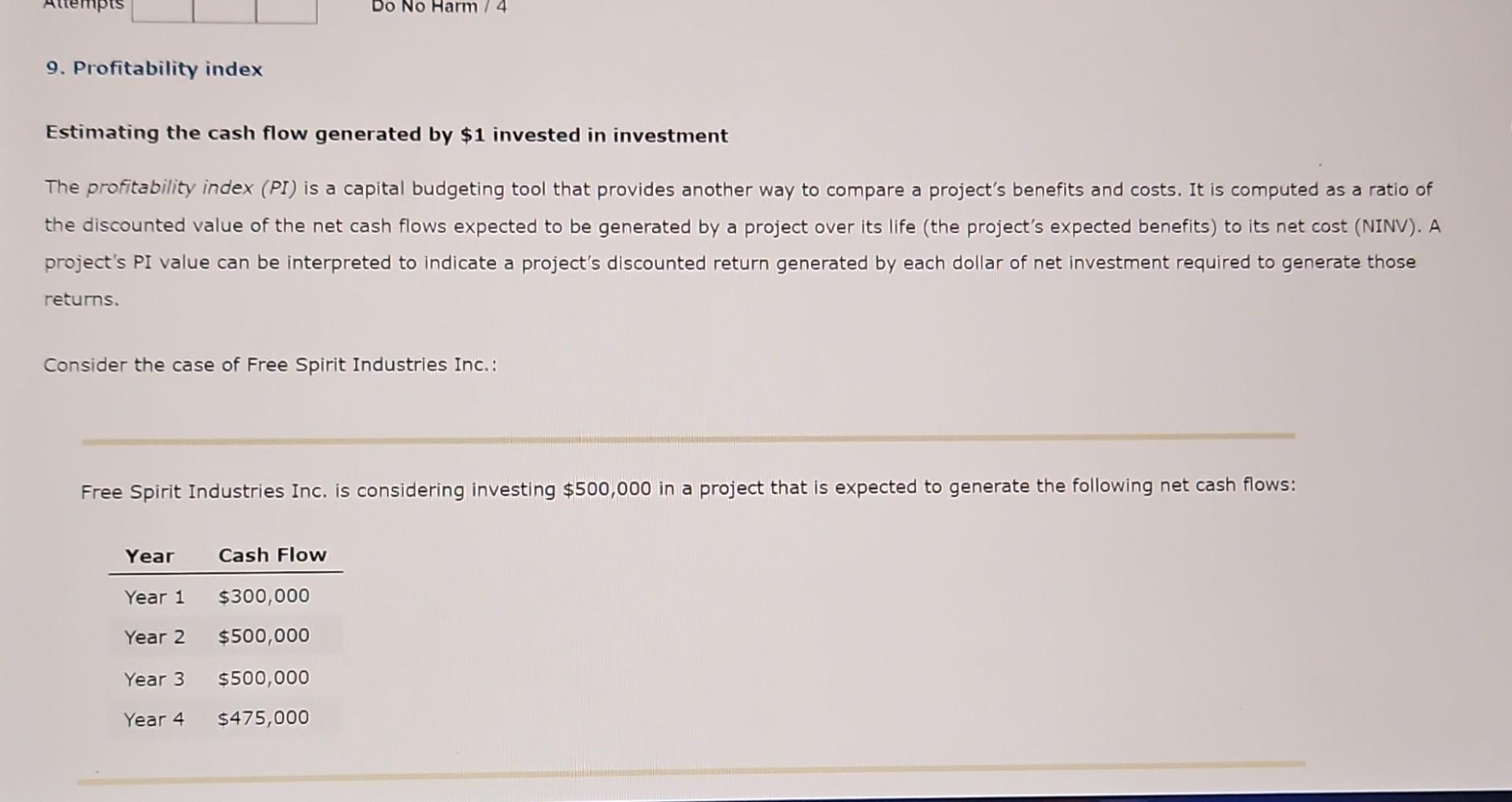 Please help 9. Profitability index Estimating the cash flow generated by