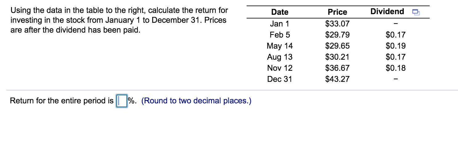  Dividend O Using the data in the table to the right,