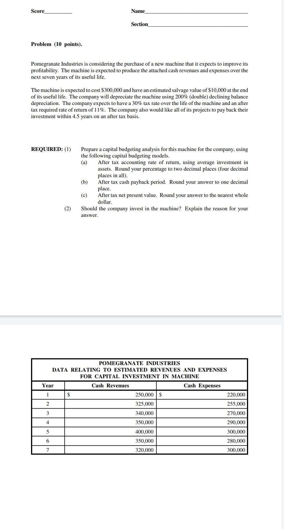  Score Name Section Problem (10 points). Pomegranate Industries is considering the