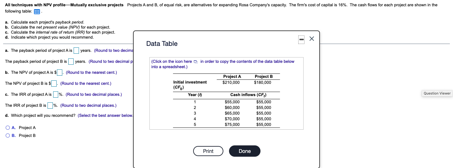 All techniques with NPV profileMutually exclusive projects Projects A and B,