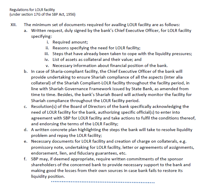 the state bank. REGULATIONS FOR LENDER OF LAST RESORT FACILITY (UNDER SECTOIN