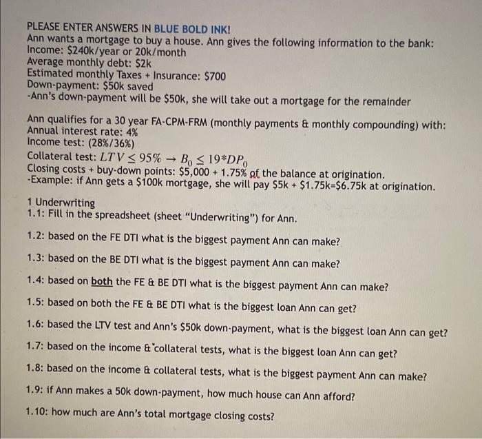 please show how to do it in excel PLEASE ENTER ANSWERS IN