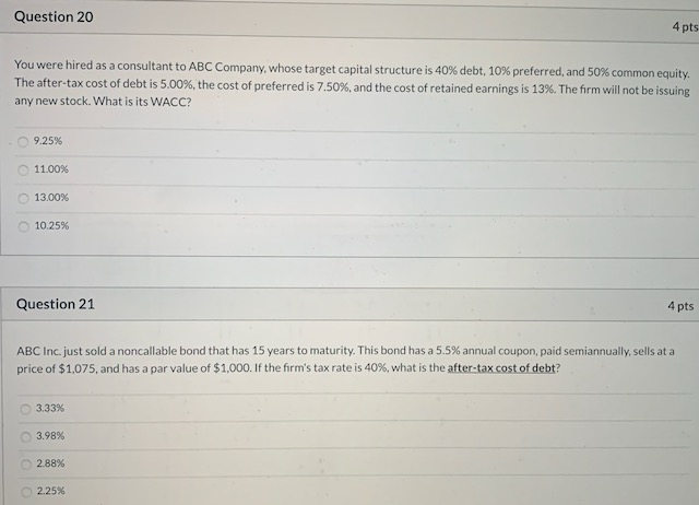  Please show step by step for calculations. Question 20 4 pts