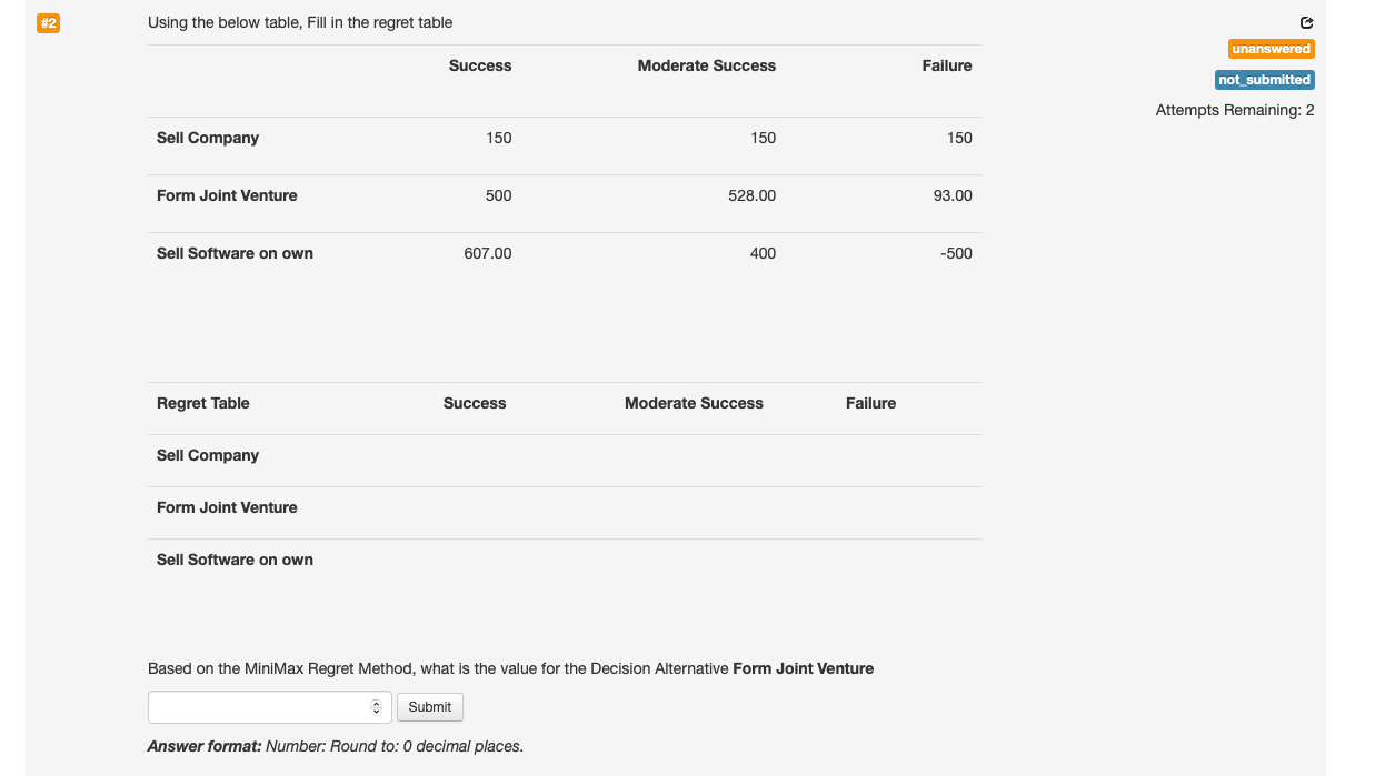  #2 Using the below table, Fill in the regret table unanswered