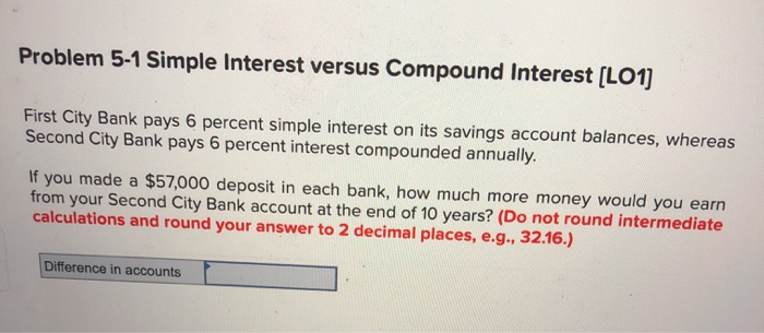  Problem 5-1 Simple Interest versus Compound Interest (LO1] First City Bank