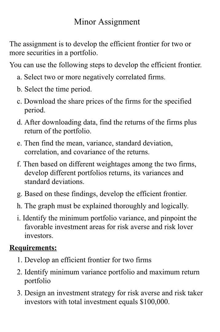  Minor Assignment The assignment is to develop the efficient frontier for