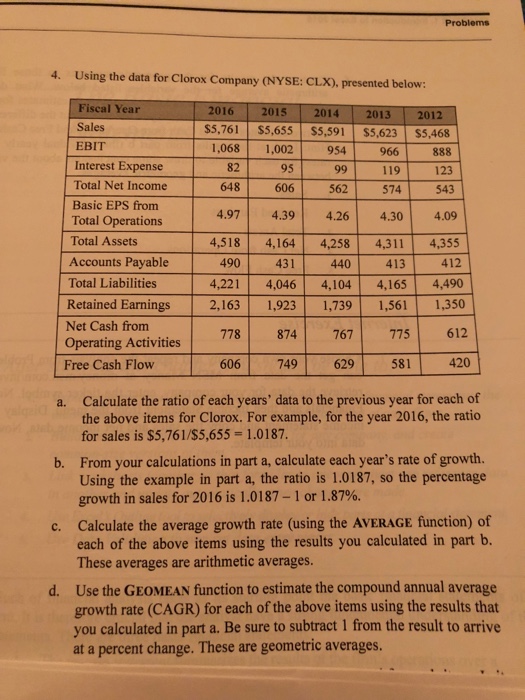  Excel format with formula Problems 4. Using the data for Clorox
