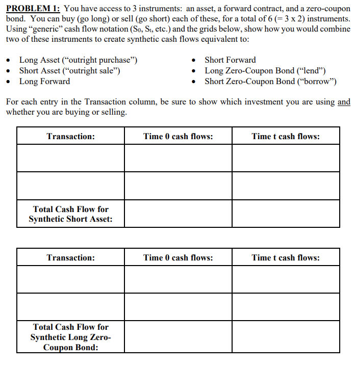  PROBLEM 1: You have access to 3 instruments: an asset, a