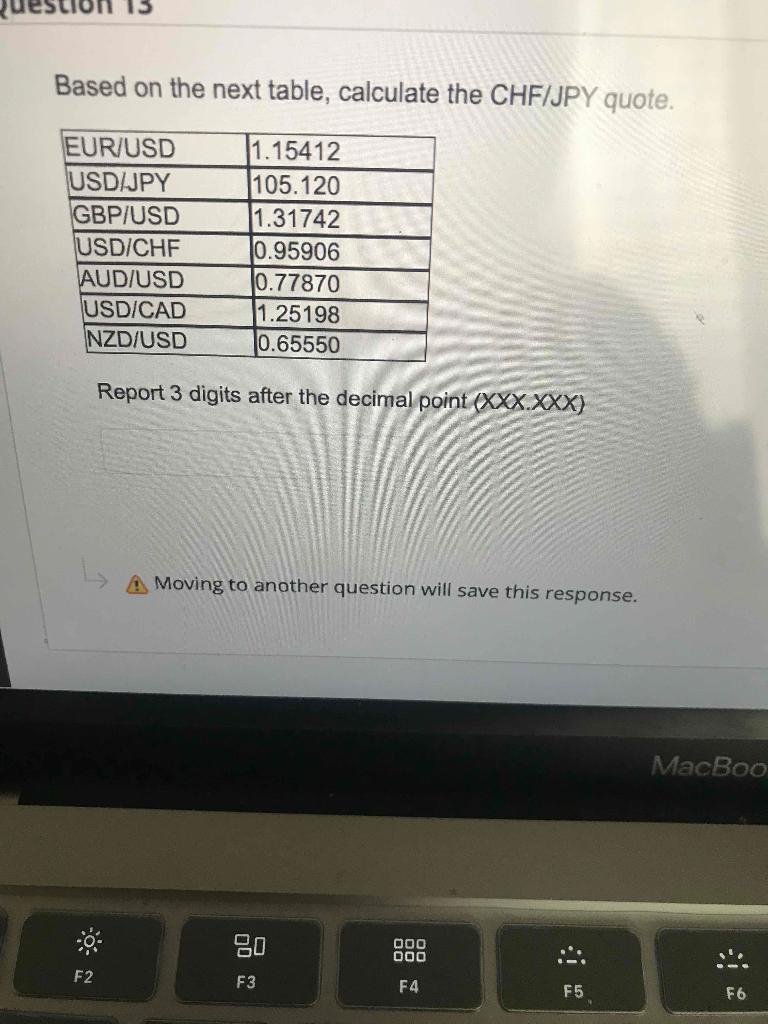  Based on the next table, calculate the CHF/JPY quote. EUR/USD USD/JPY