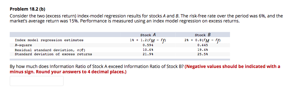  Problem 18.2 (b) Consider the two (excess return) index-model regression results