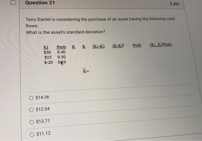  D Question 21 2 pts Terry Dactel is considering the purchase