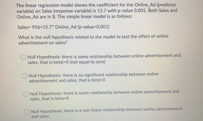  The linear regression model shows the coefficient for the Online_Ad (predictor