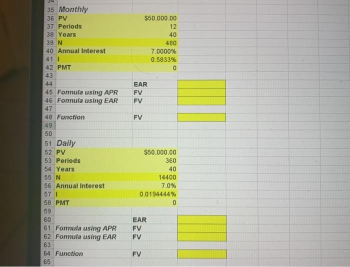 Value (more frequent compounding) 2 Annually 3 PV $50,000 4 Periods 1