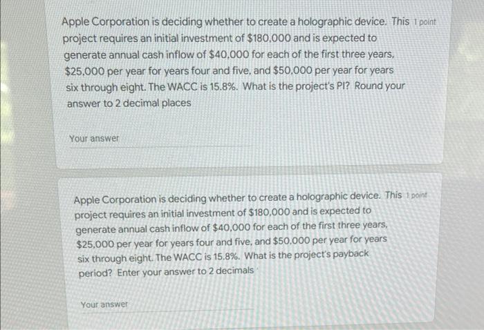 please find the project's PI and the project's payback period! Apple Corporation