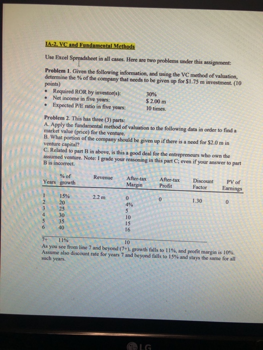  IA-2, VC and Fundamental Methods Use Excel Spreadsheet in all cases.