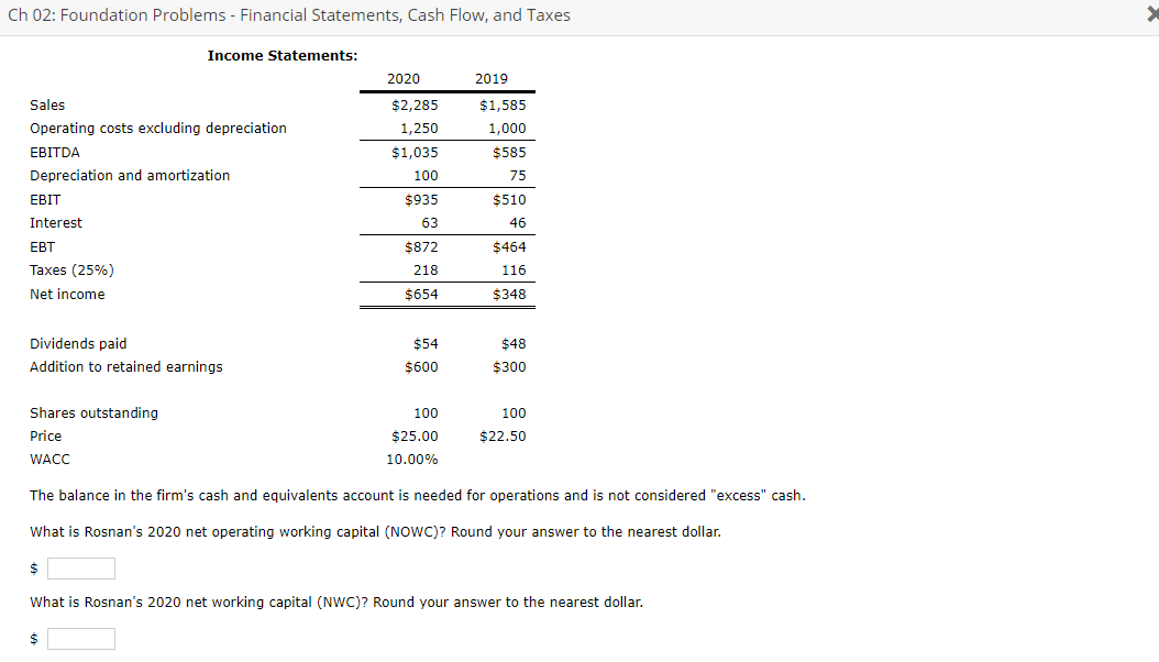 Quantitative Problem: Rosnan Industries' 2020 and 2019 balance sheets and income statements
