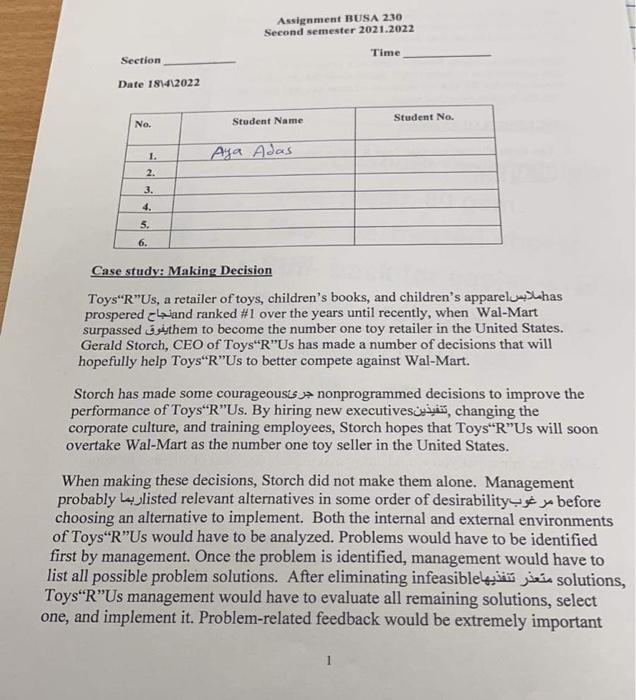  1 Assignment BUSA 230 Second semester 2021.2022 Time Section Date 181412022