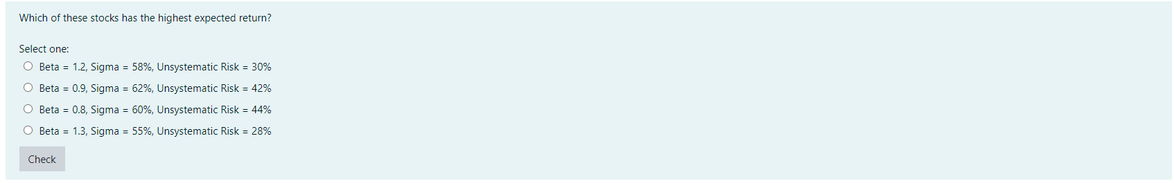 Which of these stocks has the highest expected return? Select one: