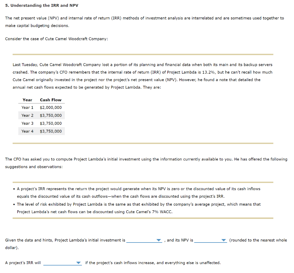  5. Understanding the IRR and NPV The net present value (NPV)