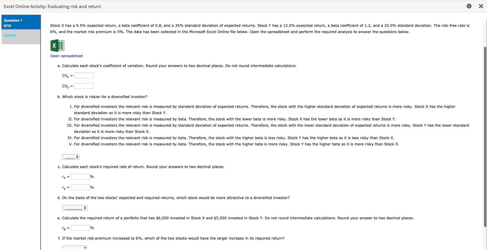  Excel Online Activity: Evaluating risk and return Question 1 Stock X